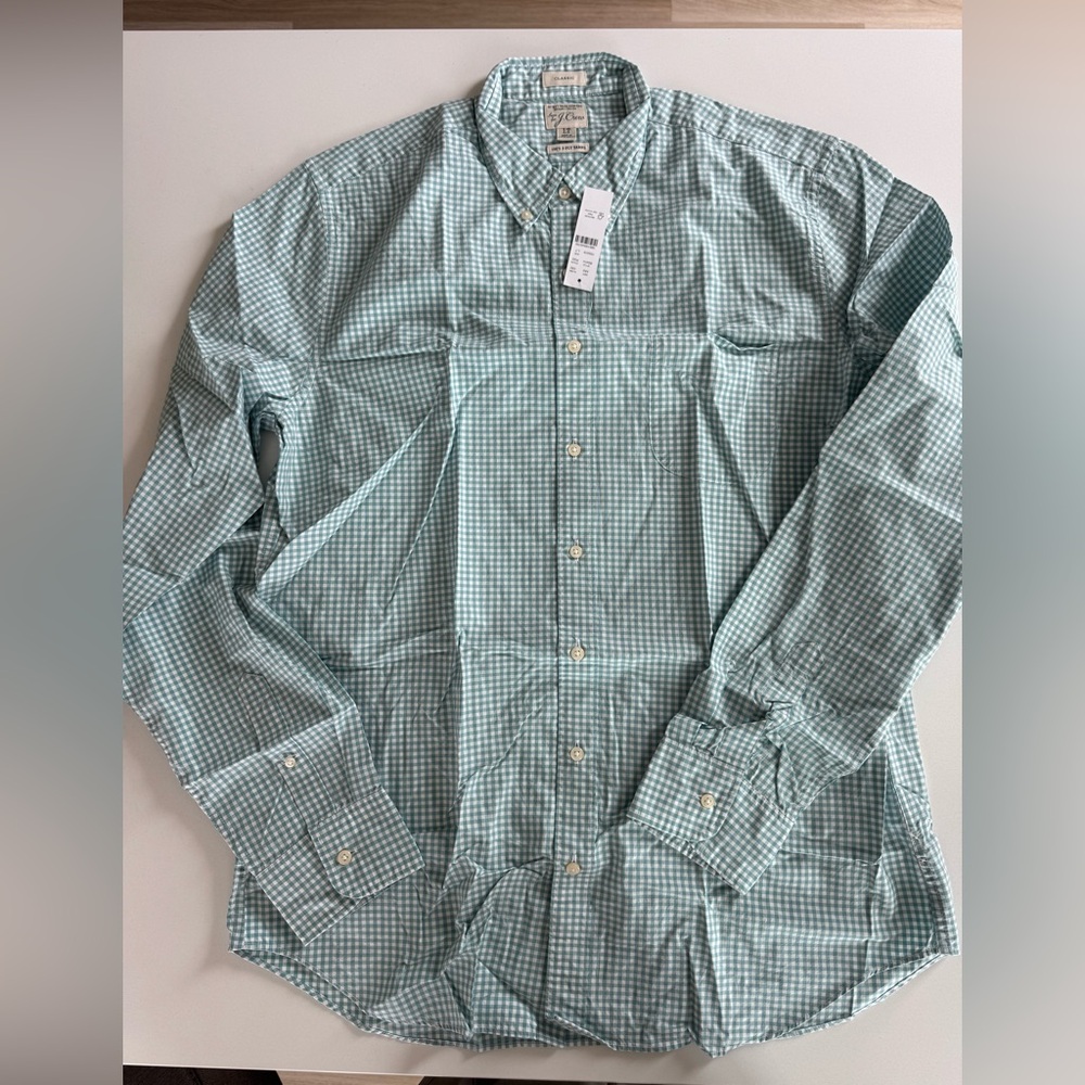 NWT J. Crew Organic Cotton Secret Wash Green Checkerd Classic LT